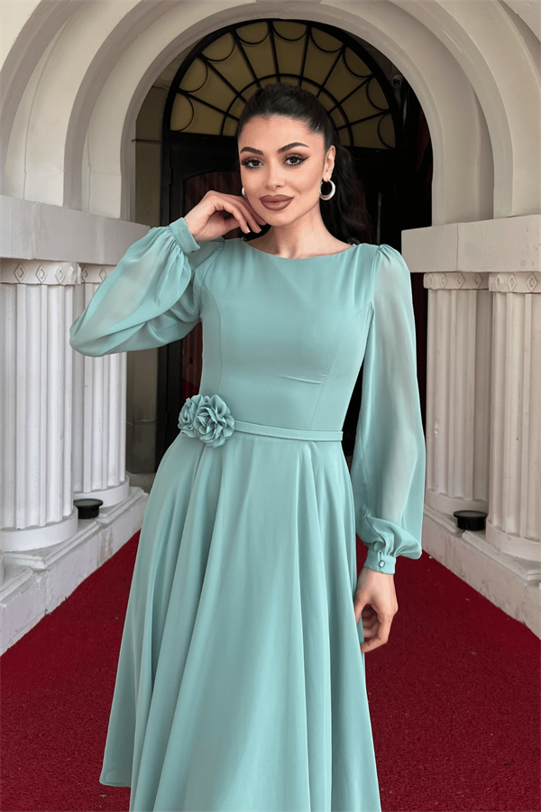 Sifon Kumaş Çiçek Detaylı Midi Elbise - MİNT YEŞİLİ