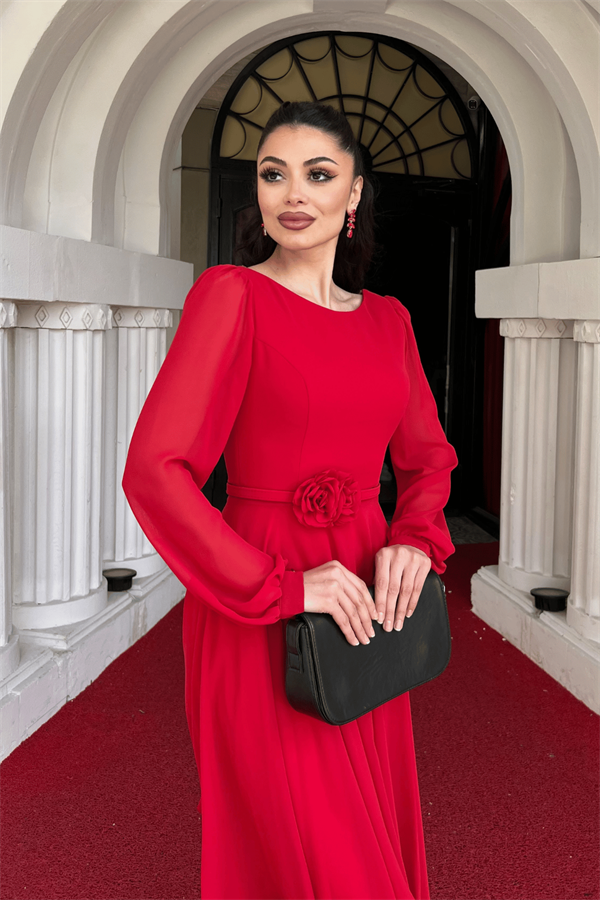 Sifon Kumaş Çiçek Detaylı Midi Elbise - KIRMIZI