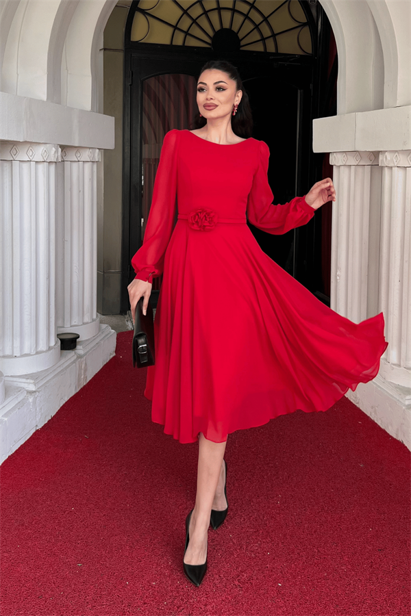 Sifon Kumaş Çiçek Detaylı Midi Elbise - KIRMIZI