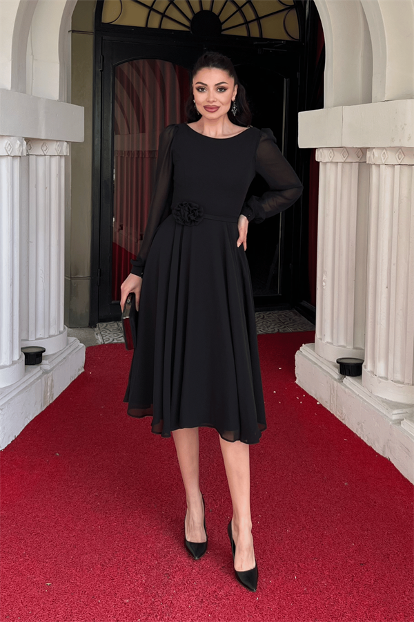 Sifon Kumaş Çiçek Detaylı Midi Elbise - SİYAH