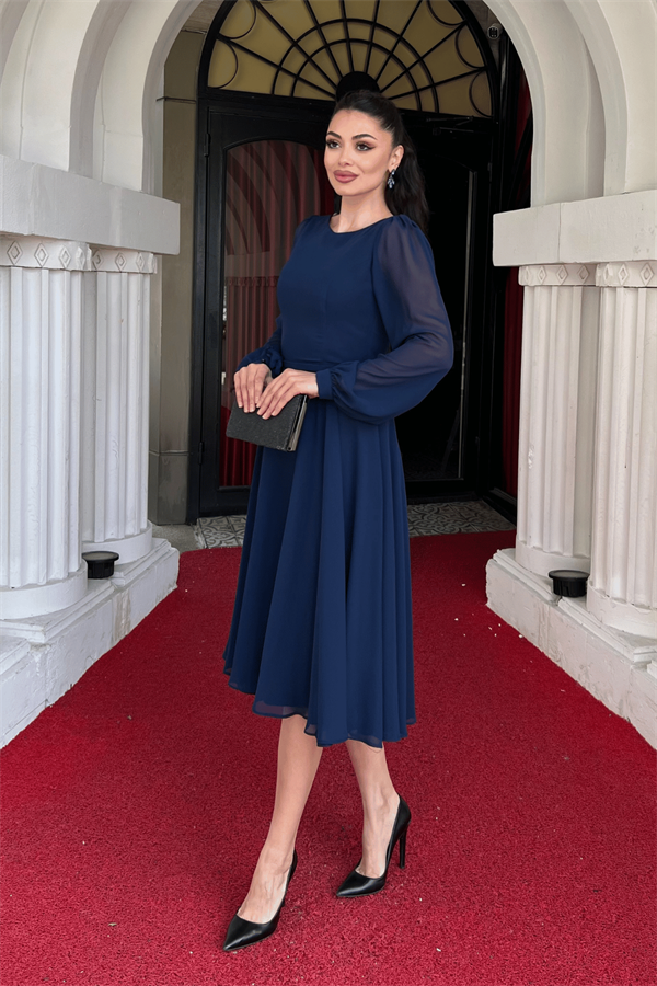 Sifon Kumaş Çiçek Detaylı Midi Elbise - LACİVERT