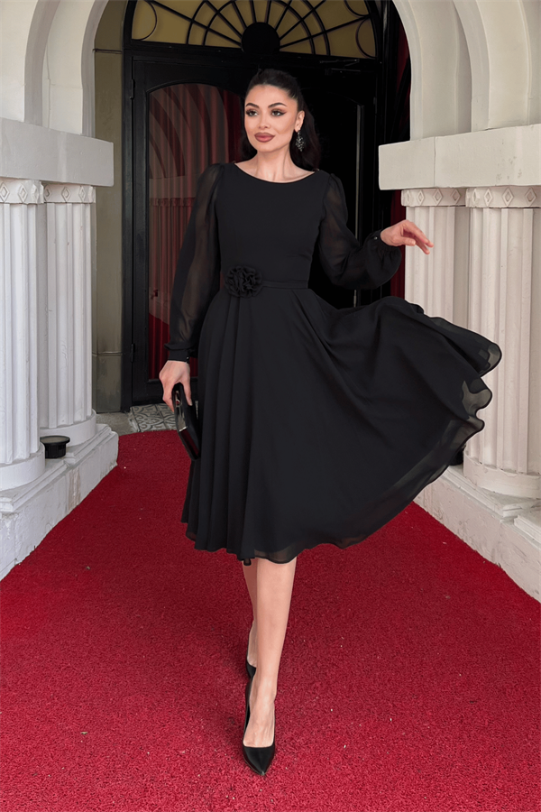 Sifon Kumaş Çiçek Detaylı Midi Elbise - SİYAH