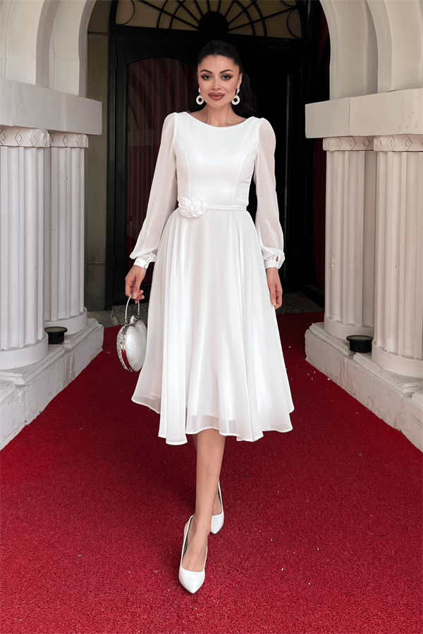 Sifon Kumaş Çiçek Detaylı Midi Elbise - BEYAZ