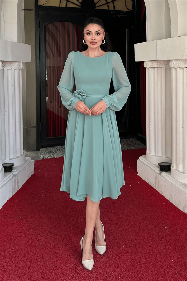 Sifon Kumaş Çiçek Detaylı Midi Elbise - MİNT YEŞİLİ