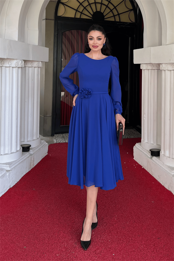 Sifon Kumaş Çiçek Detaylı Midi Elbise - SAKS MAVİ