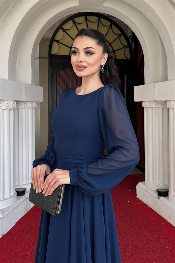 Sifon Kumaş Çiçek Detaylı Midi Elbise - LACİVERT