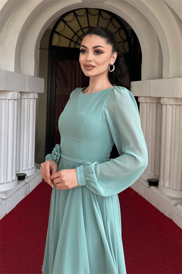 Sifon Kumaş Çiçek Detaylı Midi Elbise - MİNT YEŞİLİ