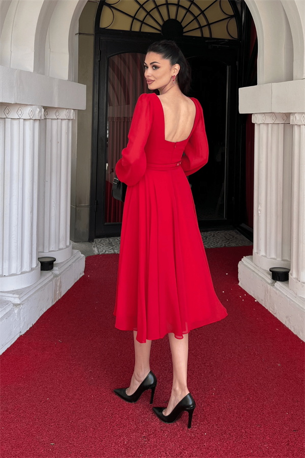 Sifon Kumaş Çiçek Detaylı Midi Elbise - KIRMIZI