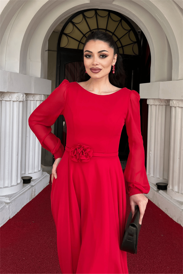 Sifon Kumaş Çiçek Detaylı Midi Elbise - KIRMIZI