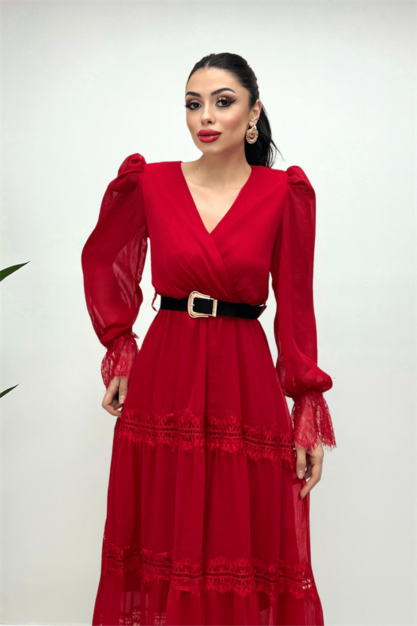Şifon Kumaş Dantel Detaylı Elbise - KIRMIZI