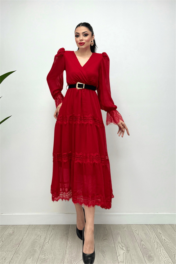 Şifon Kumaş Dantel Detaylı Elbise - KIRMIZI