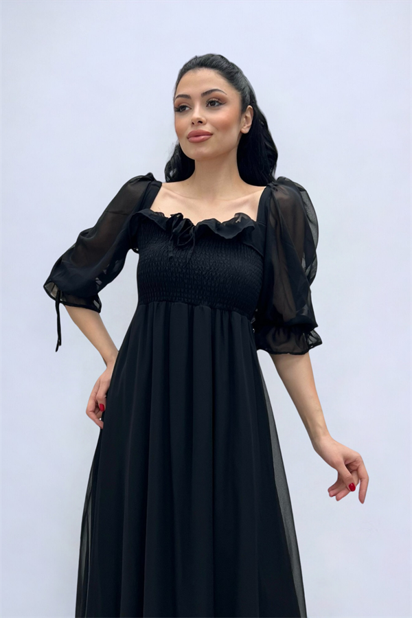 Şifon Kumaş Göğüs Büzgü Detaylı Midi Elbise - SİYAH