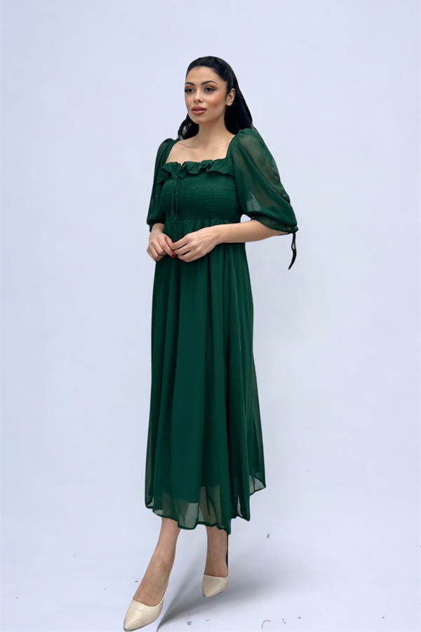 Şifon Kumaş Göğüs Büzgü Detaylı Midi Elbise - ZÜMRÜT YEŞİL