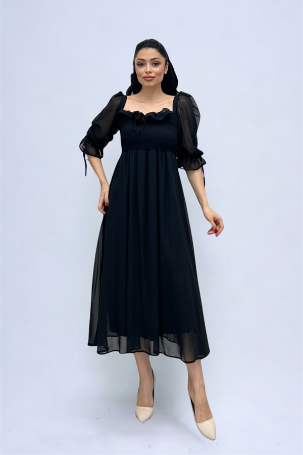 Şifon Kumaş Göğüs Büzgü Detaylı Midi Elbise - SİYAH