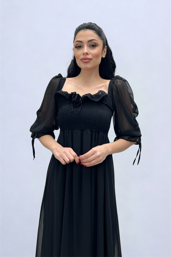 Şifon Kumaş Göğüs Büzgü Detaylı Midi Elbise - SİYAH