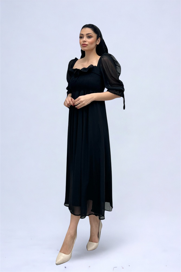 Şifon Kumaş Göğüs Büzgü Detaylı Midi Elbise - SİYAH