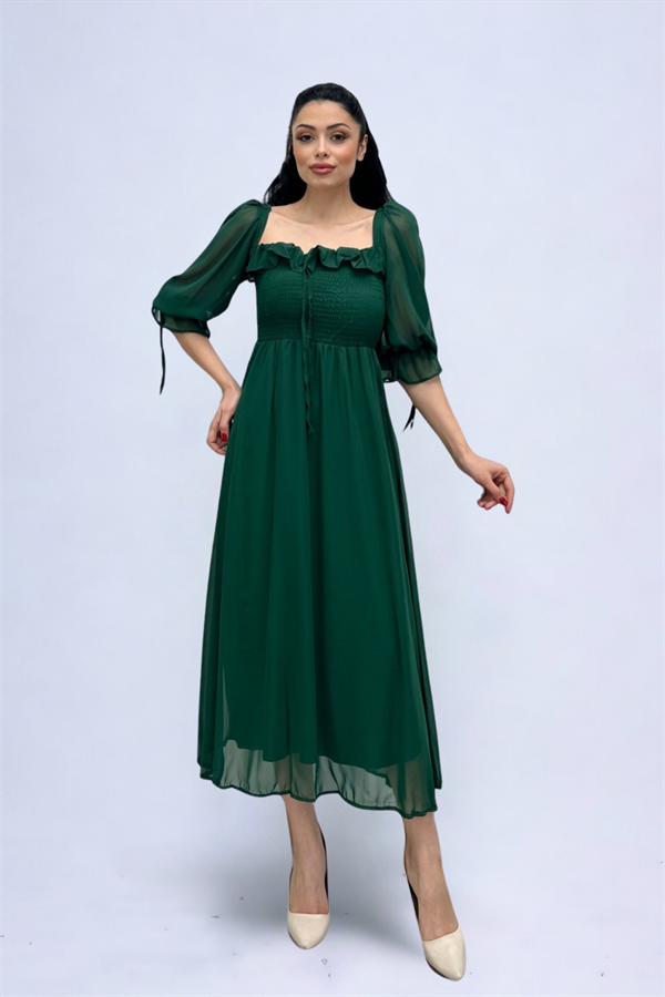 Şifon Kumaş Göğüs Büzgü Detaylı Midi Elbise - ZÜMRÜT YEŞİL