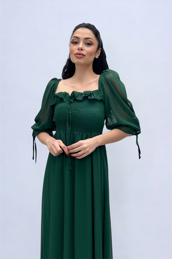 Şifon Kumaş Göğüs Büzgü Detaylı Midi Elbise - ZÜMRÜT YEŞİL