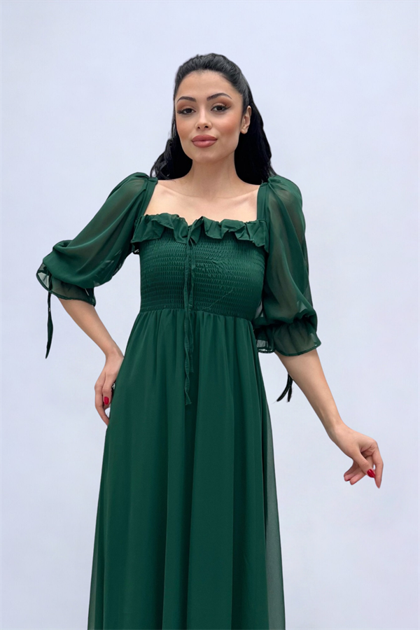 Şifon Kumaş Göğüs Büzgü Detaylı Midi Elbise - ZÜMRÜT YEŞİL