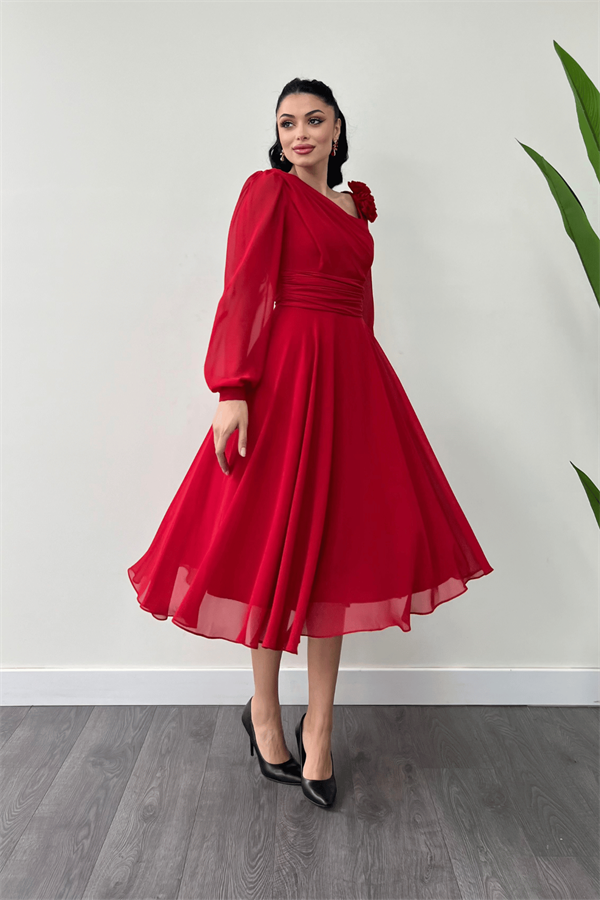 Şifon Kumaş Gül Detaylı Midi Boy Elbise - KIRMIZI