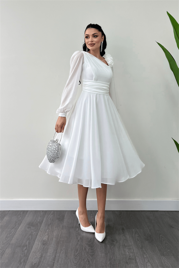 Şifon Kumaş Gül Detaylı Midi Boy Elbise - BEYAZ