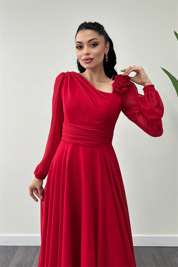 Şifon Kumaş Gül Detaylı Midi Boy Elbise - KIRMIZI