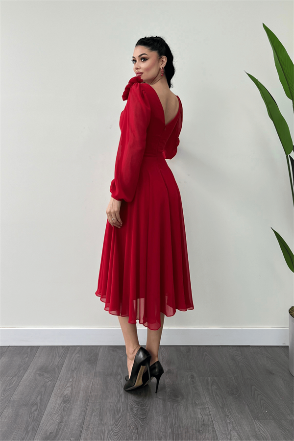 Şifon Kumaş Gül Detaylı Midi Boy Elbise - KIRMIZI