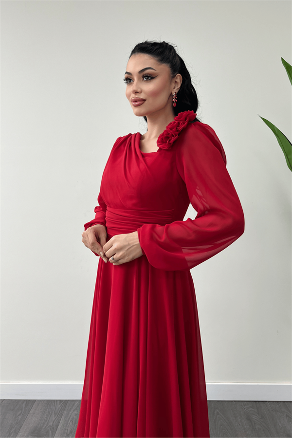 Şifon Kumaş Gül Detaylı Midi Boy Elbise - KIRMIZI