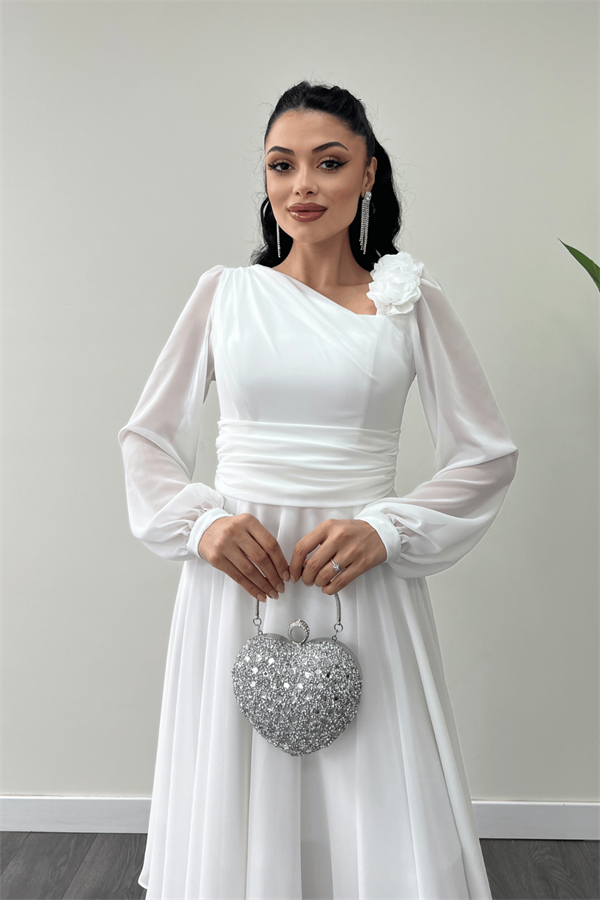 Şifon Kumaş Gül Detaylı Midi Boy Elbise - BEYAZ