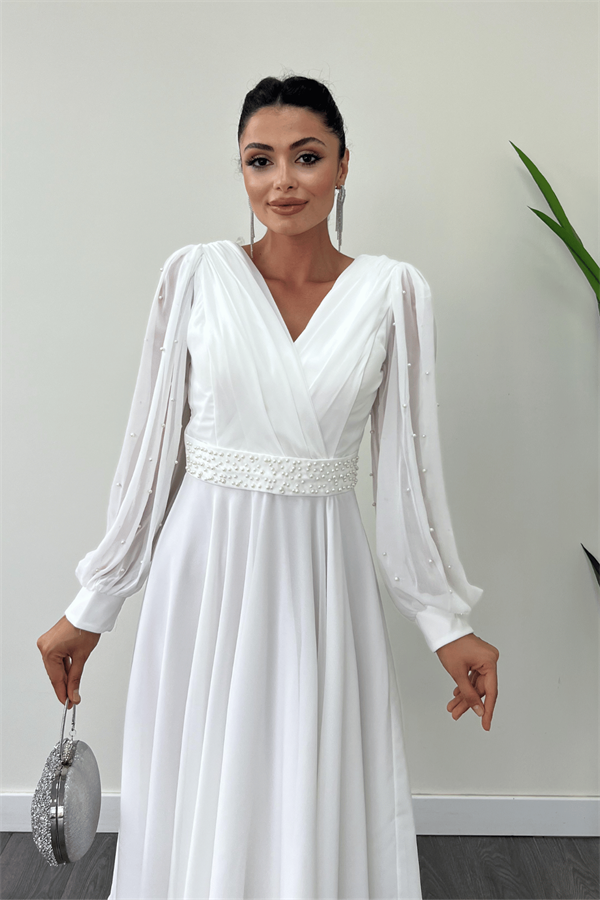 Şifon Kumaş İnci Detaylı Midi  Elbise - BEYAZ