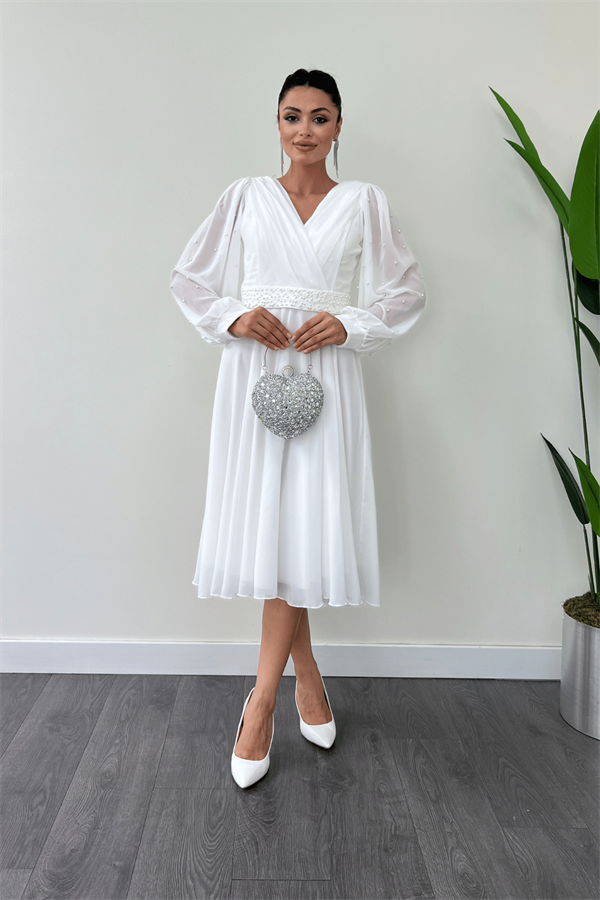 Şifon Kumaş İnci Detaylı Midi  Elbise - BEYAZ