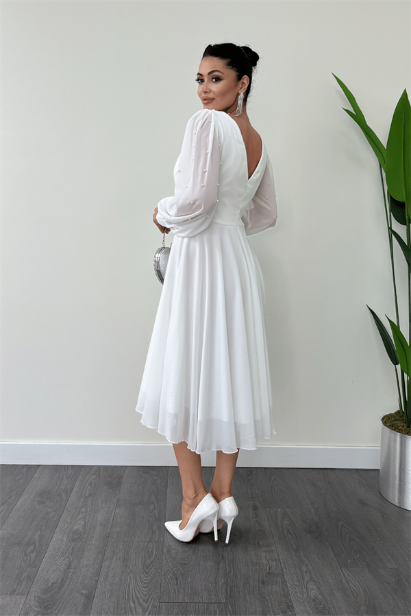 Şifon Kumaş İnci Detaylı Midi  Elbise - BEYAZ