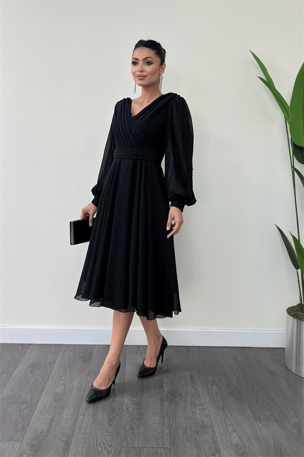 Şifon Kumaş İnci Detaylı Midi  Elbise - SİYAH