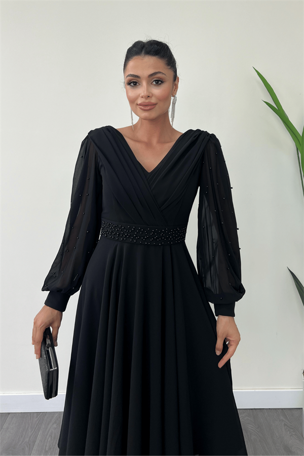 Şifon Kumaş İnci Detaylı Midi  Elbise - SİYAH