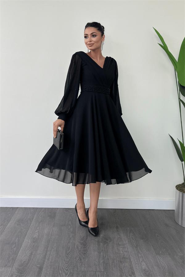 Şifon Kumaş İnci Detaylı Midi  Elbise - SİYAH