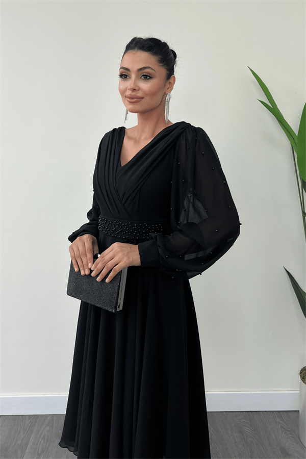 Şifon Kumaş İnci Detaylı Midi  Elbise - SİYAH