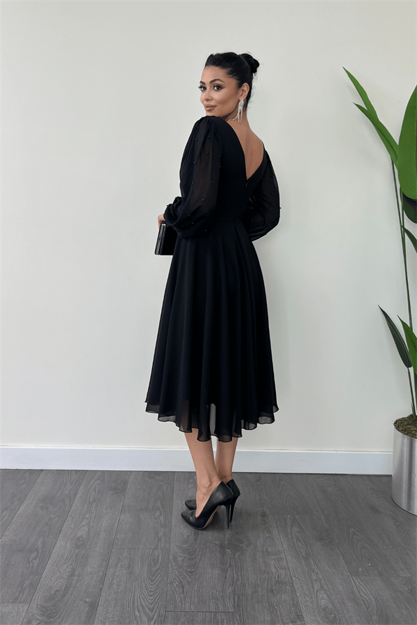 Şifon Kumaş İnci Detaylı Midi  Elbise - SİYAH