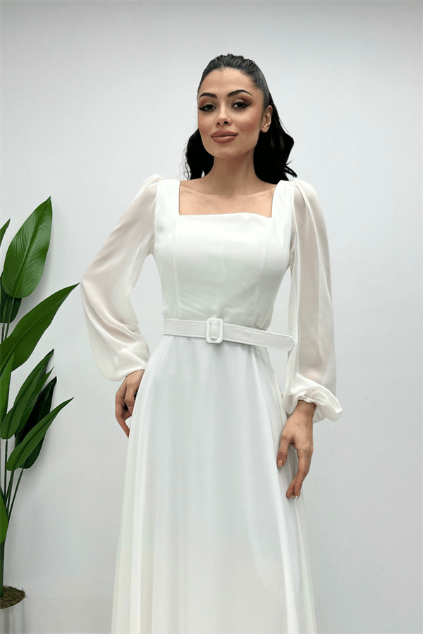 Şifon Kumaş Kare Yaka Kiloş Elbise - BEYAZ