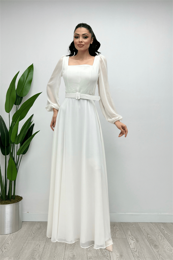 Şifon Kumaş Kare Yaka Kiloş Elbise - BEYAZ