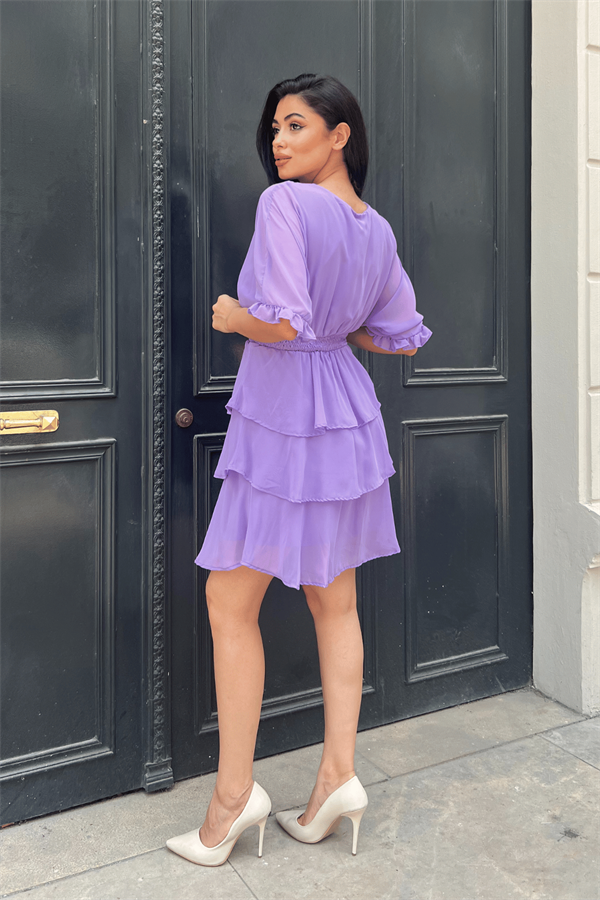 Şifon Kumaş Kat Kat Mini Elbise - MOR