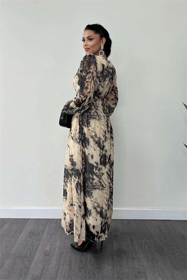 Şifon Kumaş Kemer Detaylı Maxi Elbise - KREM