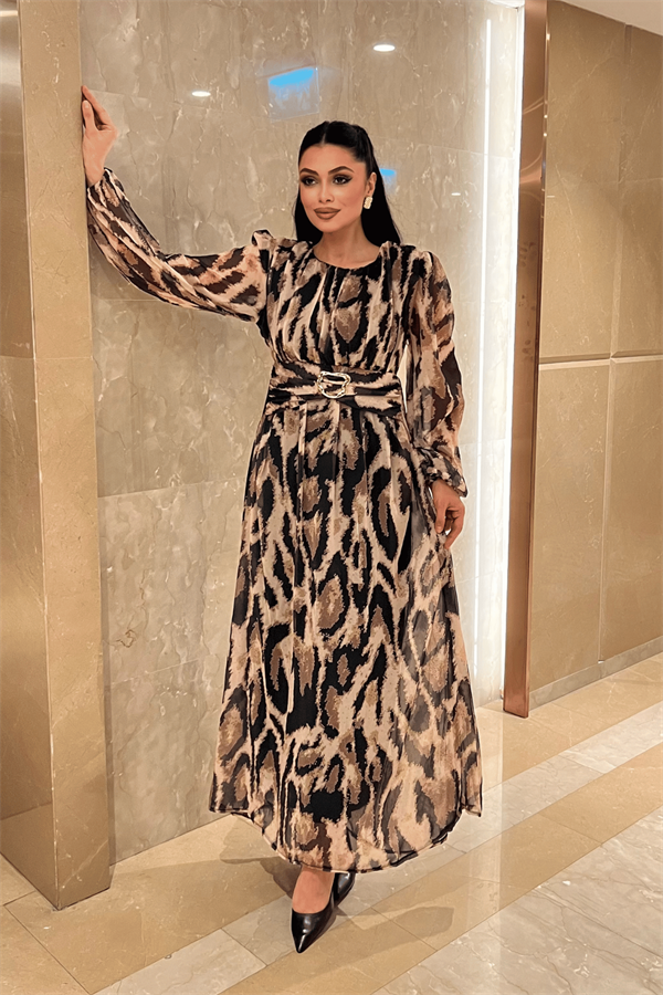 Şifon Kumaş Kemer Detaylı Maxi Elbise - KAHVERENGİ