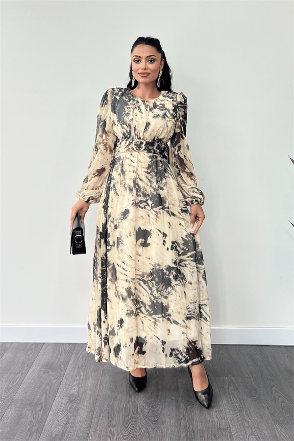 Şifon Kumaş Kemer Detaylı Maxi Elbise - KREM