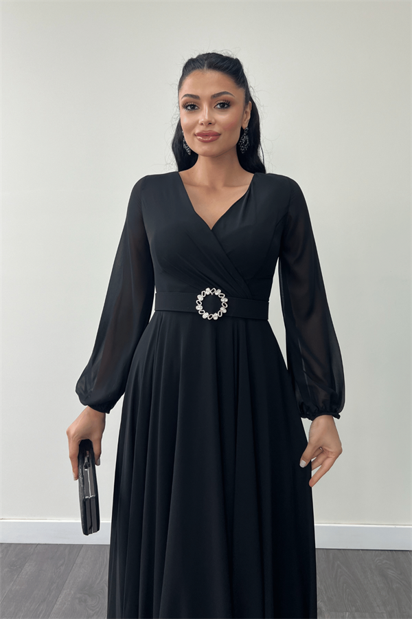 Şifon Kumaş Kemer Detaylı Midi Elbise - SİYAH