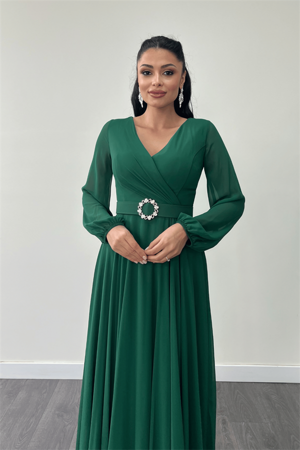 Şifon Kumaş Kemer Detaylı Midi Elbise - ZÜMRÜT YEŞİL