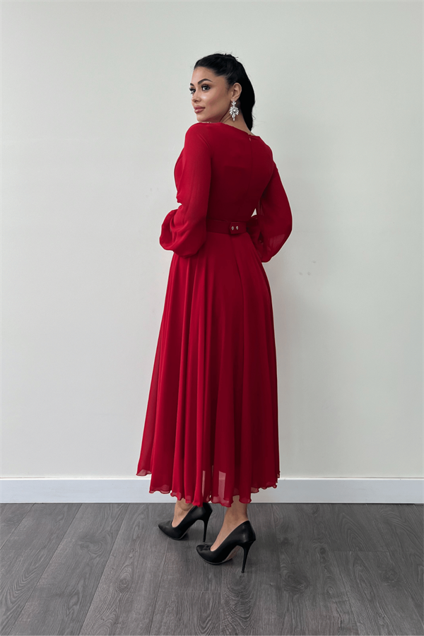 Şifon Kumaş Kemer Detaylı Midi Elbise - KIRMIZI