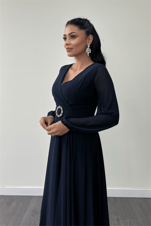 Şifon Kumaş Kemer Detaylı Midi Elbise - LACİVERT