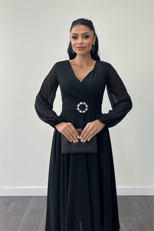 Şifon Kumaş Kemer Detaylı Midi Elbise - SİYAH