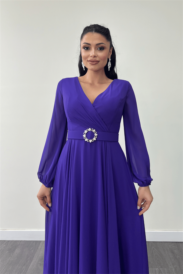 Şifon Kumaş Kemer Detaylı Midi Elbise - MOR