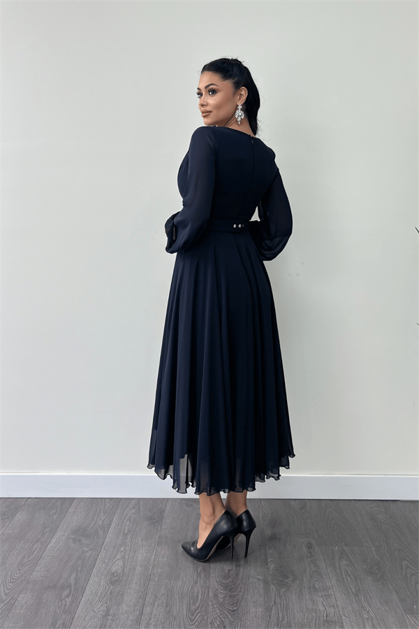 Şifon Kumaş Kemer Detaylı Midi Elbise - LACİVERT